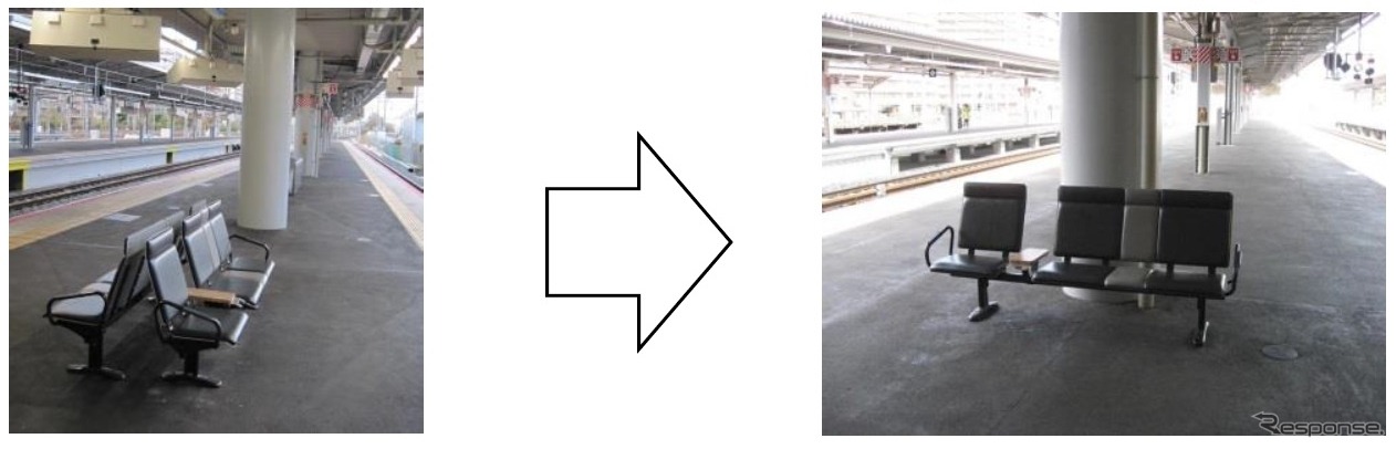 ホームベンチの変更前（左）と変更後（右）のイメージ。北陸本線では1月25～30日に4駅のベンチの向きを変える。