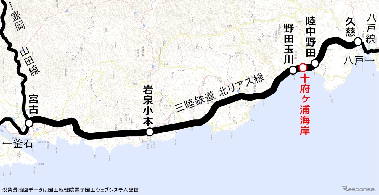 3月25日に開業する十府ヶ浦海岸駅の位置（赤）。北リアス線の野田玉川～陸中野田間に設けられる。