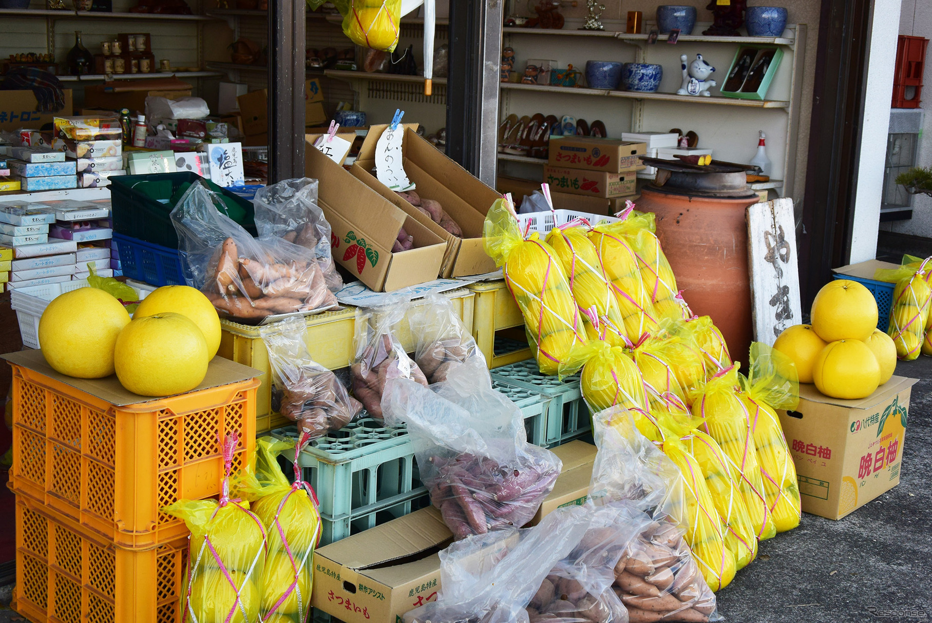 お土産屋さんの店頭には南日本の名物が並べられていた。