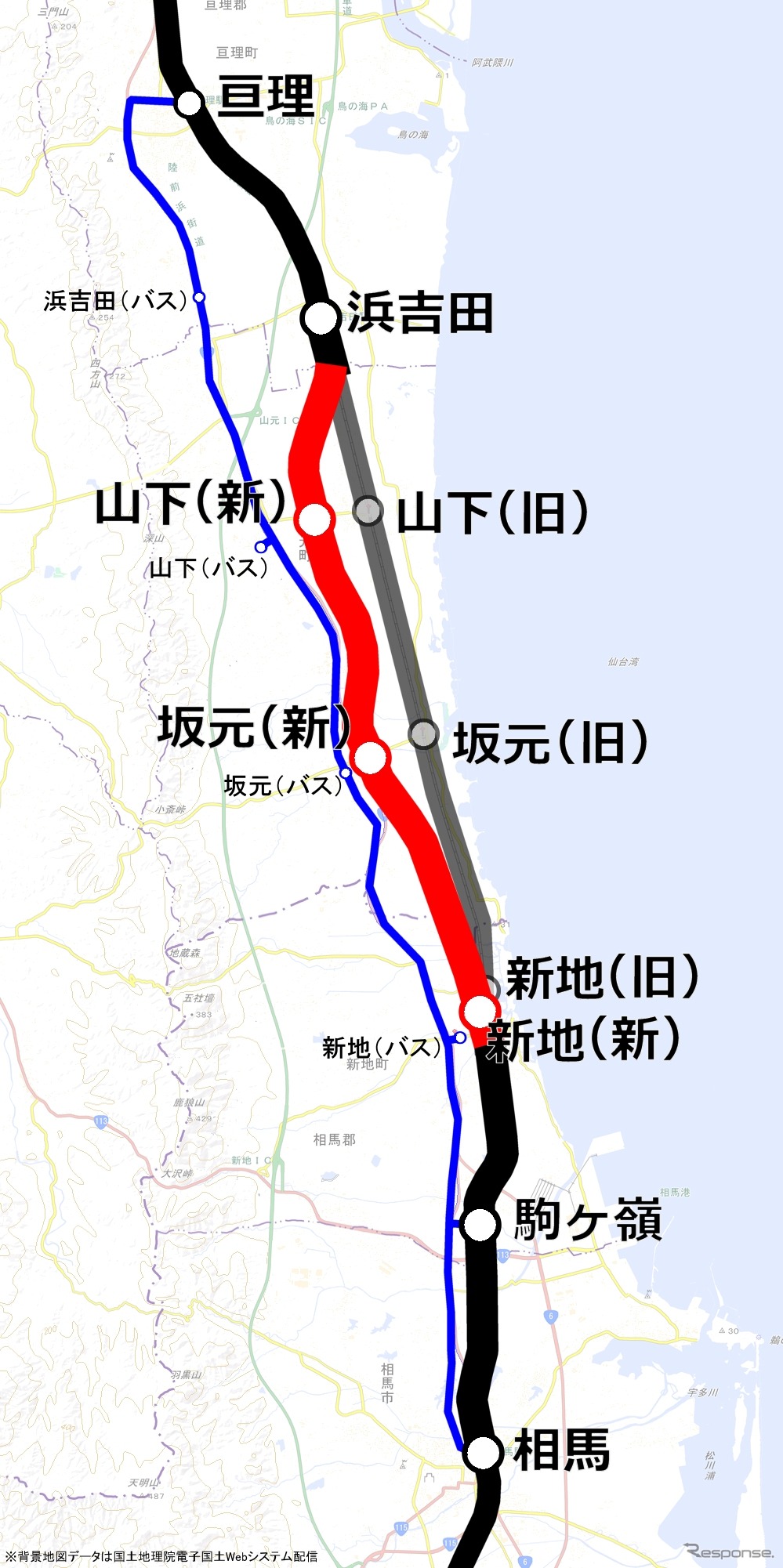 相馬～浜吉田間の路線図。新地駅付近から浜吉田付近まで内陸寄りにルートを変更した。