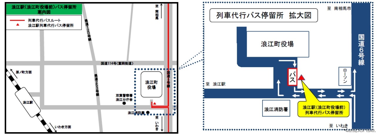 実際に停車するのは駅から離れた浪江町役場になる。