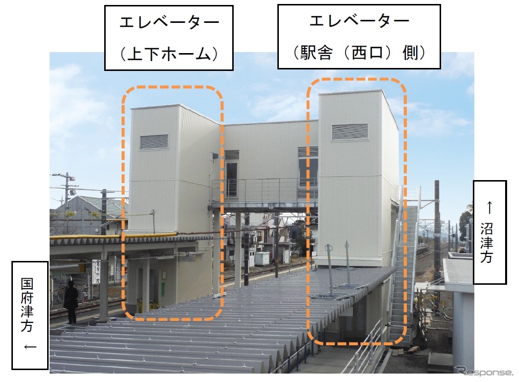 裾野駅に整備された車椅子対応エレベーター。2月25日に使用を開始する。