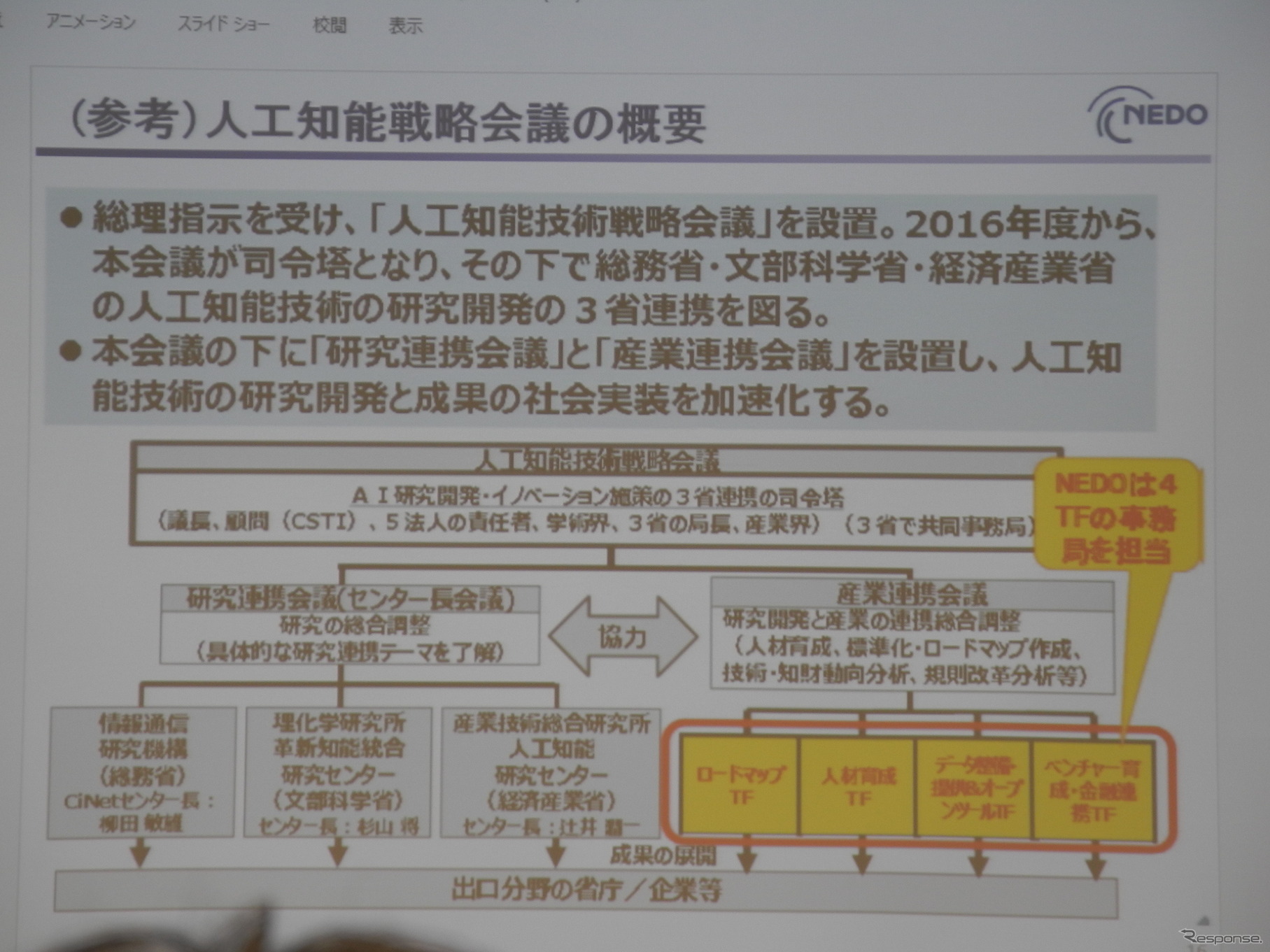 AIについては人工知能技術戦略会議の下で3省の連携が進められる