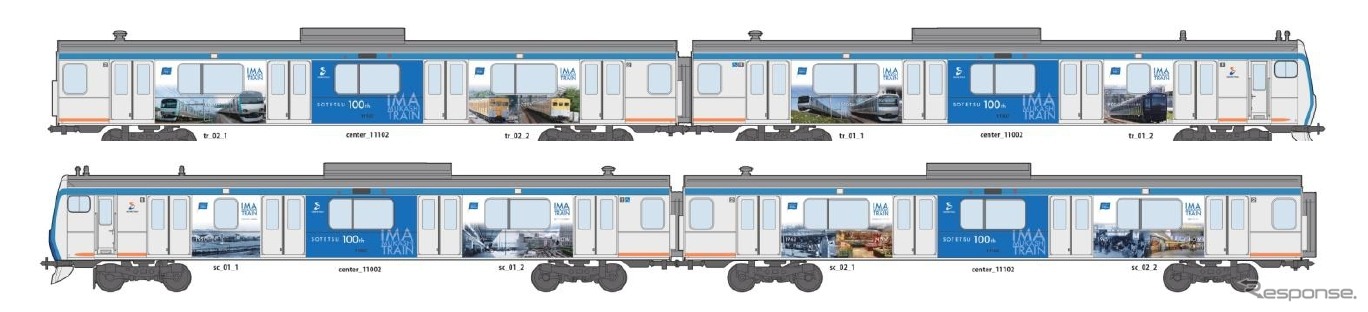 相鉄グループの創立100周年を記念して運行されるラッピング列車のイメージ。11000系の車体を歴代の車両で装飾する。