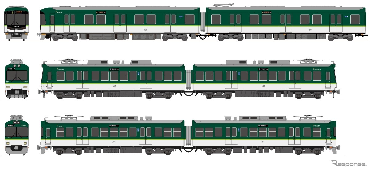 新デザインのイメージ（上から800系、600形、700形）。