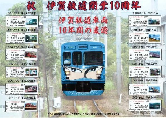 伊賀線まつり2017で発売される「伊賀鉄道開業10周年記念入場券」。新居駅から比土駅までの12駅の硬券入場券がセットになっている。日付は全て「29.10.1」。