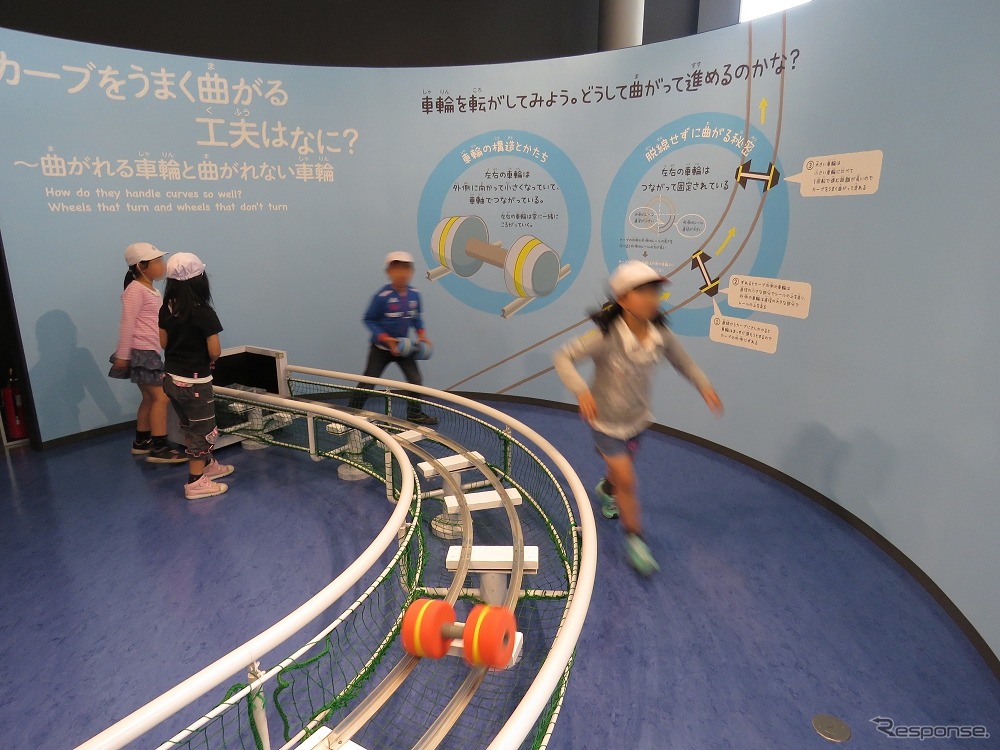 2階は線路に関する展示が中心。写真のカーブした線路は形状の異なる車輪を走らせることで脱線しにくい車輪の形状を理解することができる。