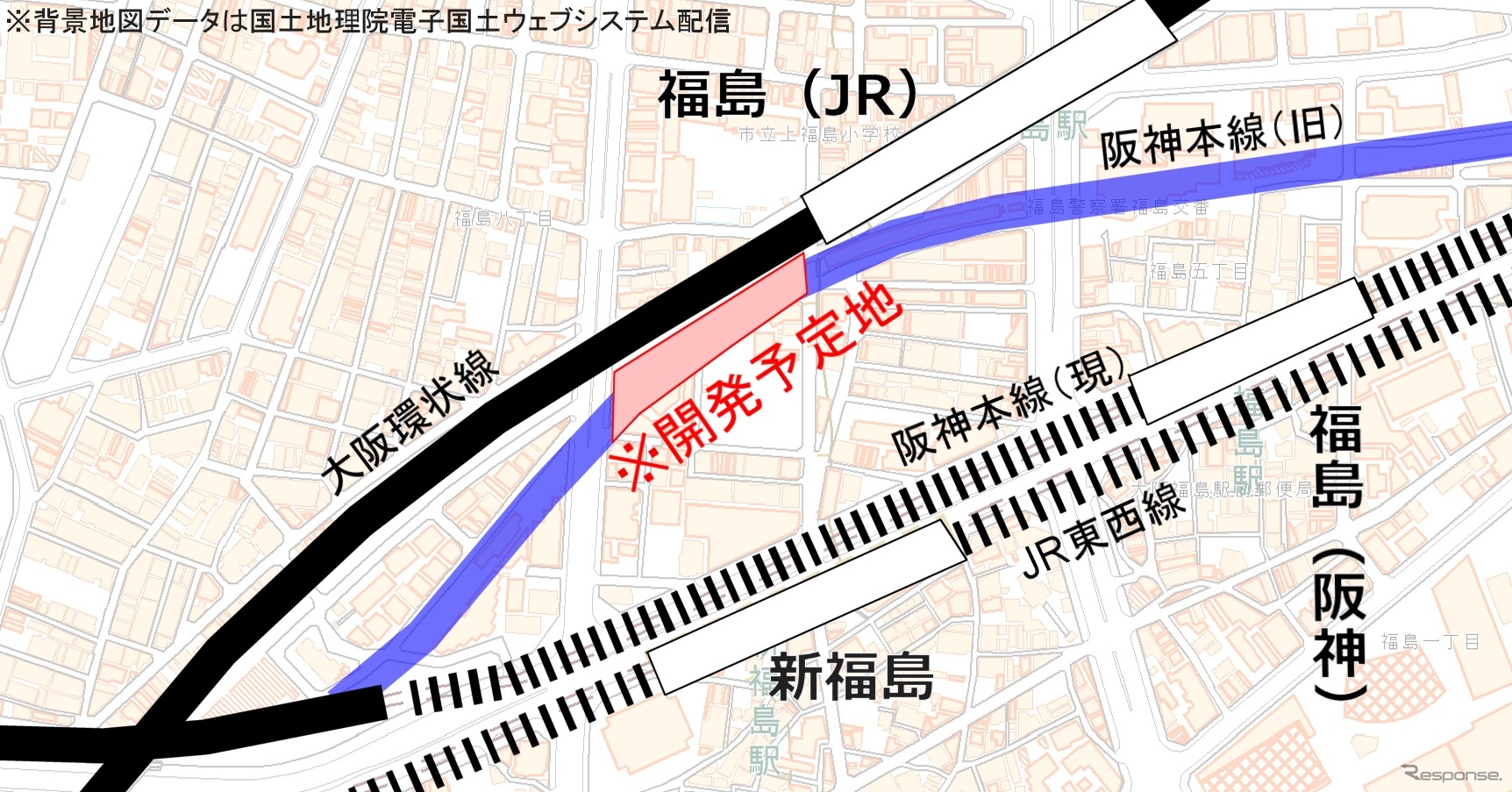 複合ビルの開発予定地。土地の大半は阪神本線の地上線跡地になる。
