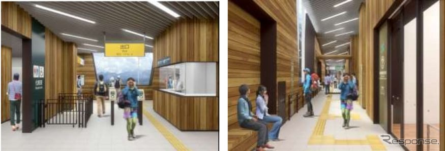 駅舎内部のイメージ。山に囲まれた駅らしく、木を活かした落ち着いた印象にまとめられている。左が改札前、右が交流スペース前のもの。