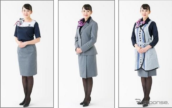 およそ9年ぶりにリニューアルされる制服。左から夏服、冬服、車内販売時の姿。