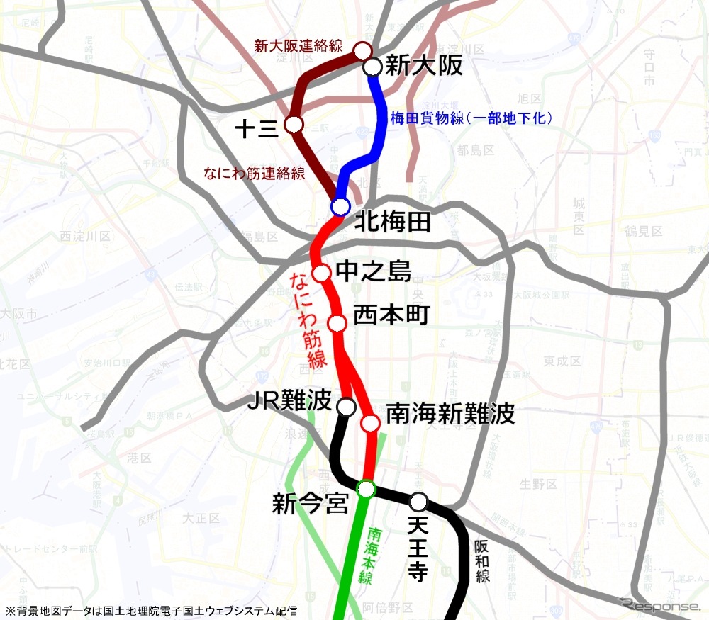 なにわ筋線などの新線構想の想定ルート。なにわ筋線は新大阪駅や北梅田の開発エリアから難波・関空方面に短絡するルートを構成する。