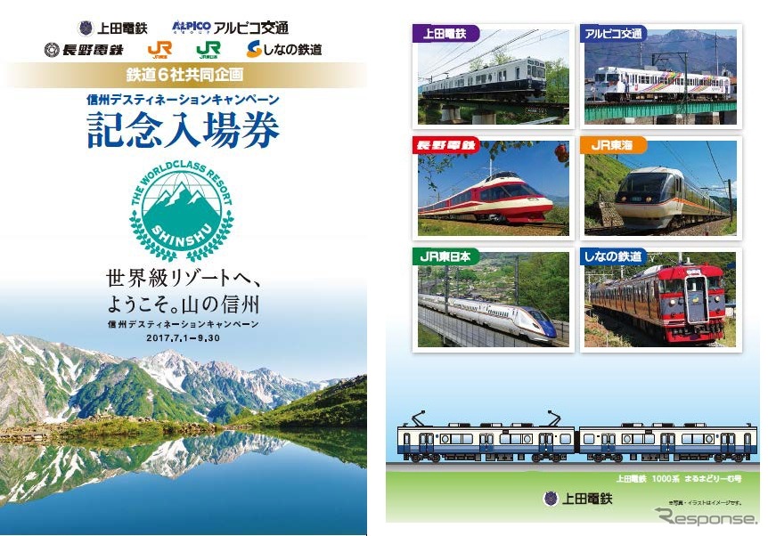 長野の鉄道6社が発売する記念入場券（台紙）のイメージ。台紙裏面（右）の車両イラストは各社ごとに異なる。