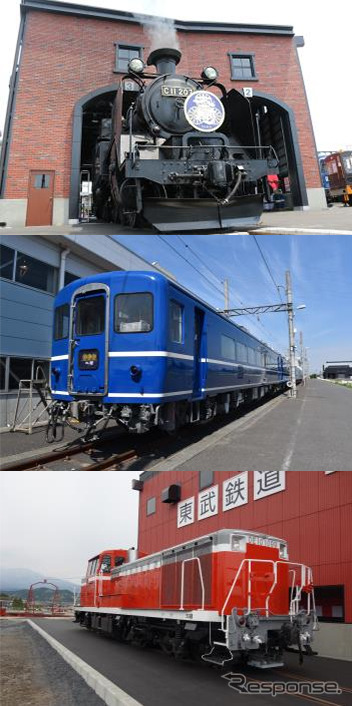 上から展示されるC11 207、14系客車、DE10 1099。