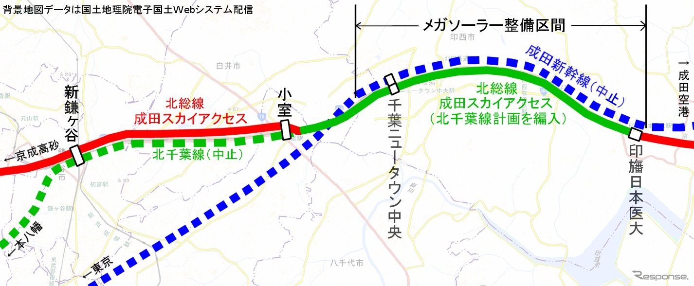 メガソーラーの整備範囲。成田新幹線の旧建設用地に太陽光パネルが設置された。