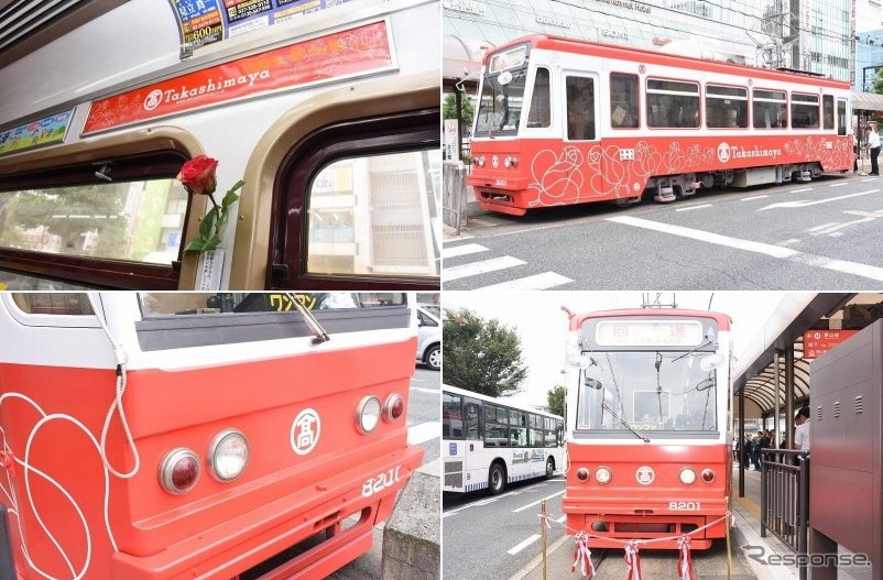 岡山電軌「ばらのタカシマヤ号」。車内はバラの香りで包まれている。