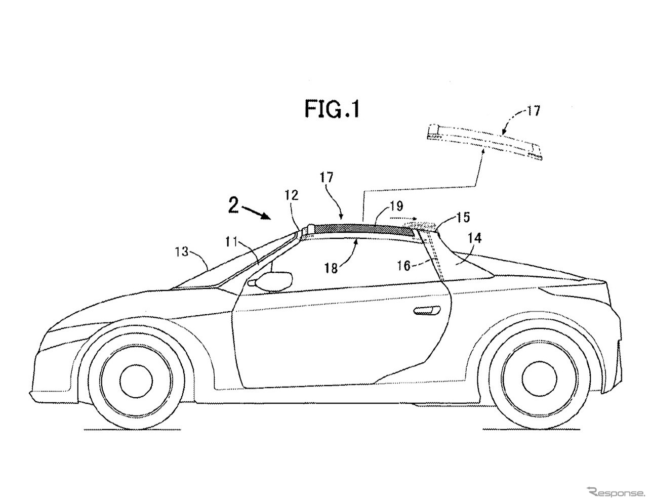 ホンダアクセスが米特許商標庁に特許申請しているタルガトップルーフ構造の図