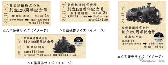 車内で特別に配布される硬券式の記念乗車証。A型は『大樹1・3号』、B型は『大樹2・4号』、C型は『大樹6号』、D型は『大樹5号』で配布され、すべてを集めた人には、最終の『大樹6号』で、全サイズを収納できる台紙も配布される。