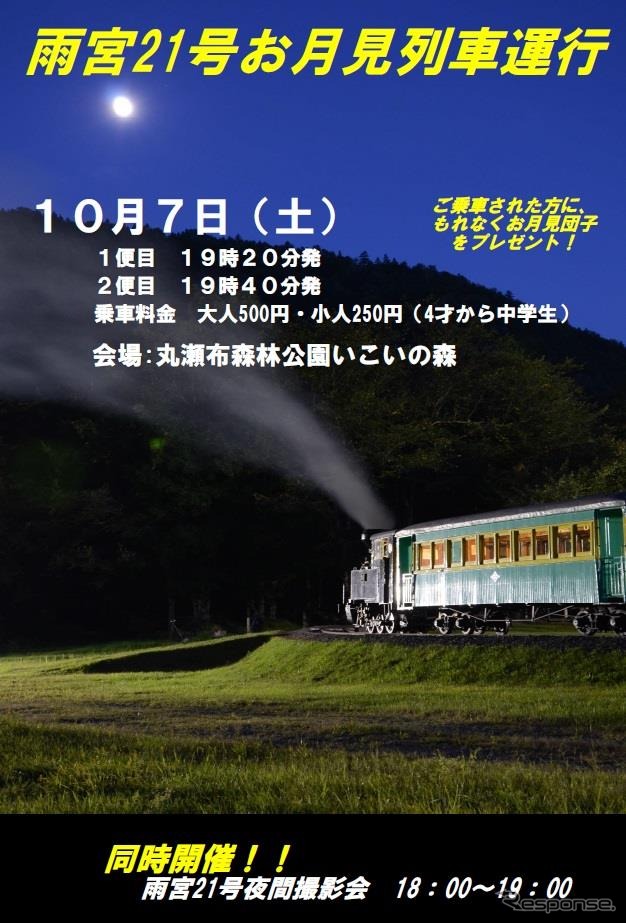 かつてナローゲージの森林鉄道で使われていた蒸気機関車「雨宮21号」。けん引される客車は、かつて岡山県の井笠鉄道や埼玉県の西武鉄道山口線で使われていたもの。