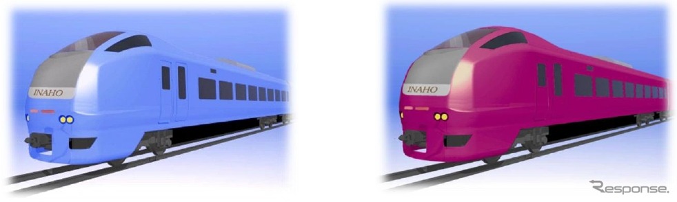 デザイン変更後のU106編成（左・瑠璃色）とU107編成（右・ハマナス色）のイメージ。10月中旬から12月中旬にかけて出場する。