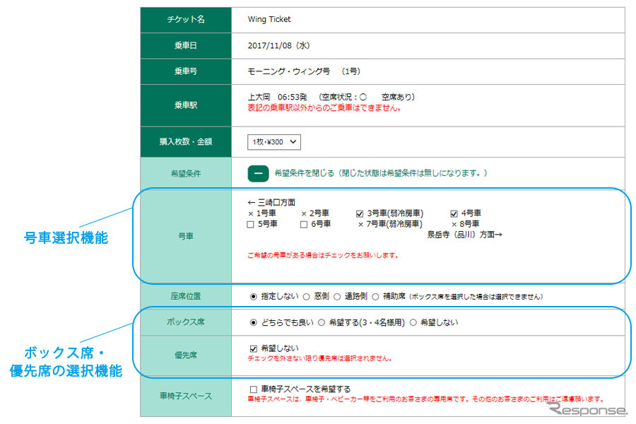 新機能が追加された「KQuick」の画面。号車やボックス席／優先席の希望の有無を選択できるようになる。なお、『モーニング・ウィング号』の号車選択は、乗車駅ごとの指定車両からのみとなる。