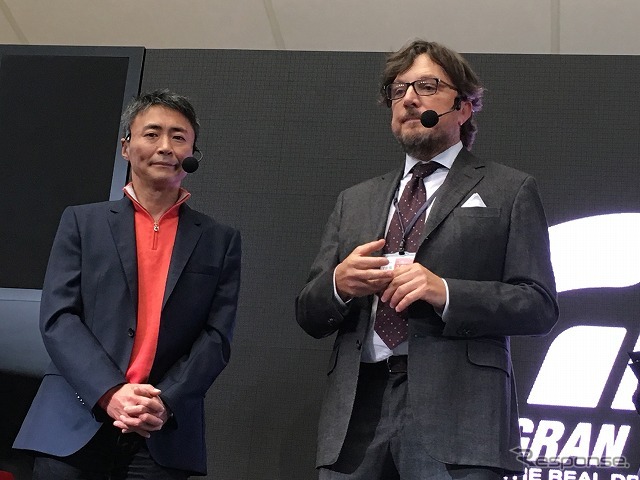 グランツーリスモシリーズのプロデューサー、山内一典氏（左）と、ザガートCEOのアンドレア・ザガート氏（右）。