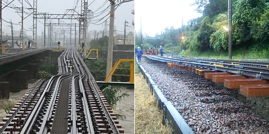 南海電鉄が公表した男里川橋りょう（10月22日）と上古沢駅付近（10月23日）の被害状況。
