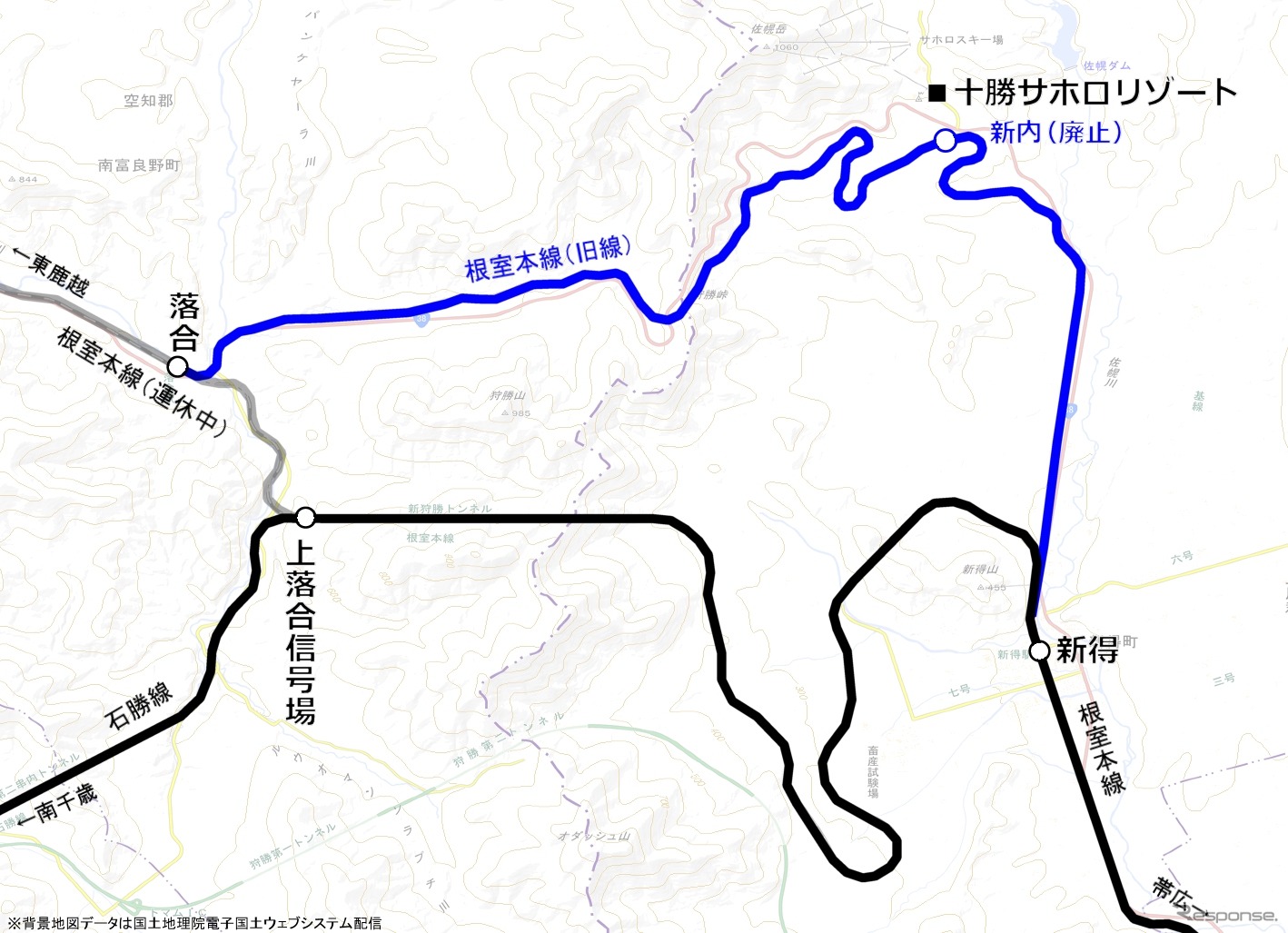 代行バスが12月1日から立ち寄る十勝サホロリゾートの位置。旧線の新内駅跡が比較的近いところにある。