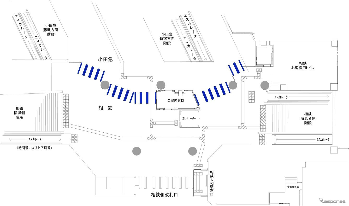 大和駅の構内図。青で塗られた部分に改札機が設置される。
