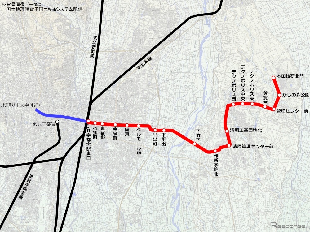 宇都宮ライトレールのルート。宇都宮駅東側の区間（赤）が2022年3月に開業する予定だ。