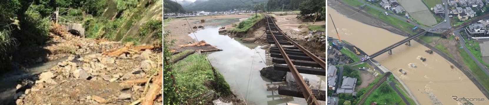 豪雨と台風で被災した日豊本線（左）・日田彦山線（中央）・久大本線（右）。日豊本線は12月下旬、久大本線は2018年夏に再開の見込みだ。