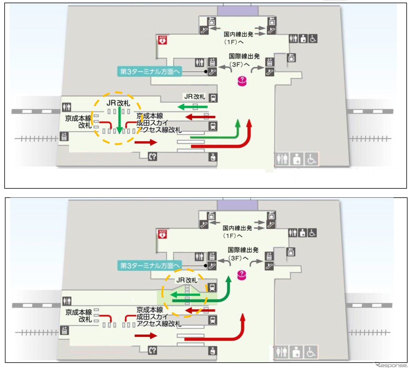 空港第2ビル駅の現状（上）と「二重改札」解消後（下）のイメージ。JR線を利用して同駅で下車する場合の「二重改札」が解消される。