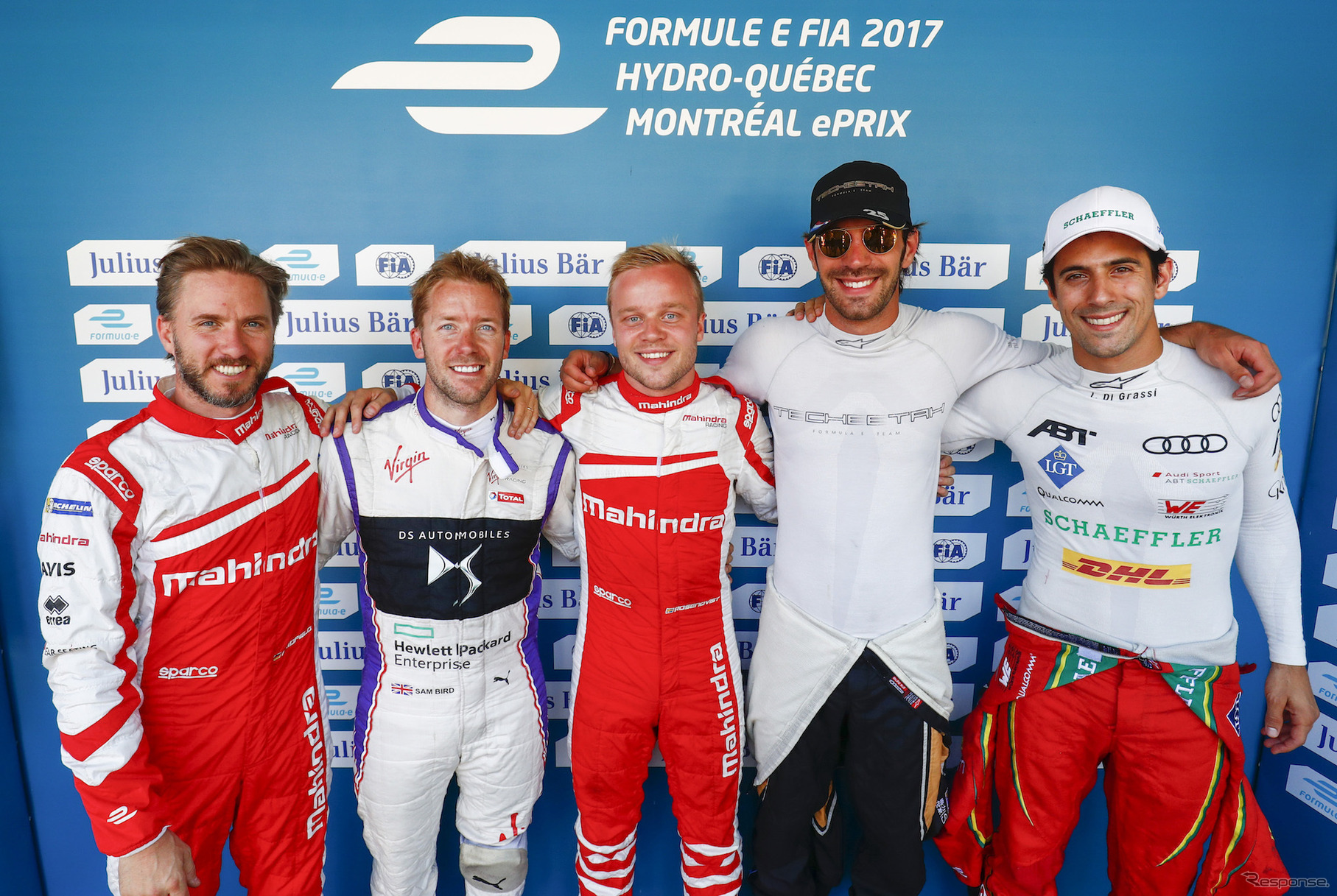 フォーミュラEの参戦ドライバー層はハイレベル。F1やWEC、SFの経験者も多い。左からハイドフェルド、バード、ローゼンクヴィスト、ベルニュ、ディ・グラッシ（写真は2016/2017シーズン）。