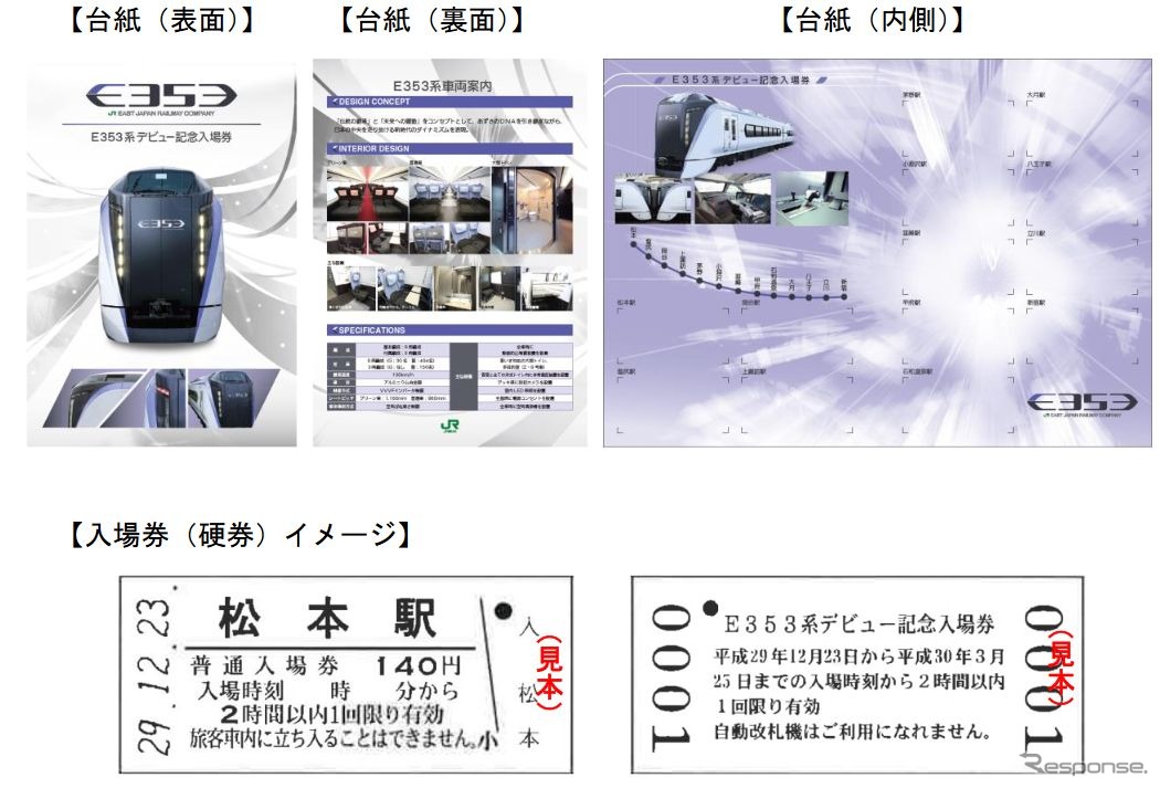 「E353系デビュー記念入場券」の台紙（上）と硬券入場券のイメージ（下）。台紙には、裏面にインテリア、内側に運転台の写真が掲載されている。