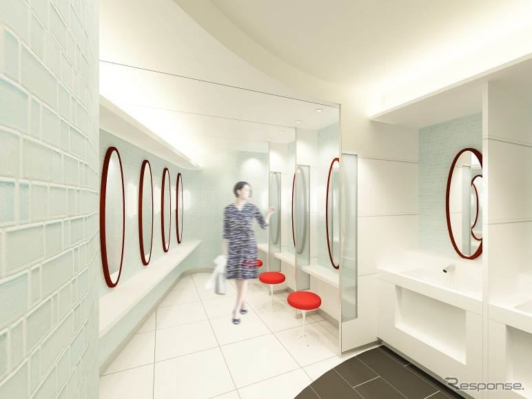 リニューアル後のトイレ（女性用パウダーコーナー）のイメージ。丸みを帯びたデザインが用いられる。