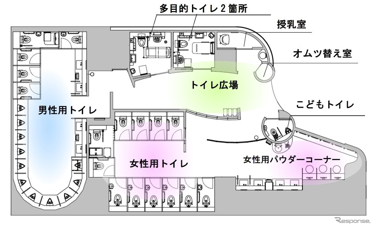 リニューアル後のトイレの平面図。ブースの増設や多目的トイレの機能分散などが図られる。