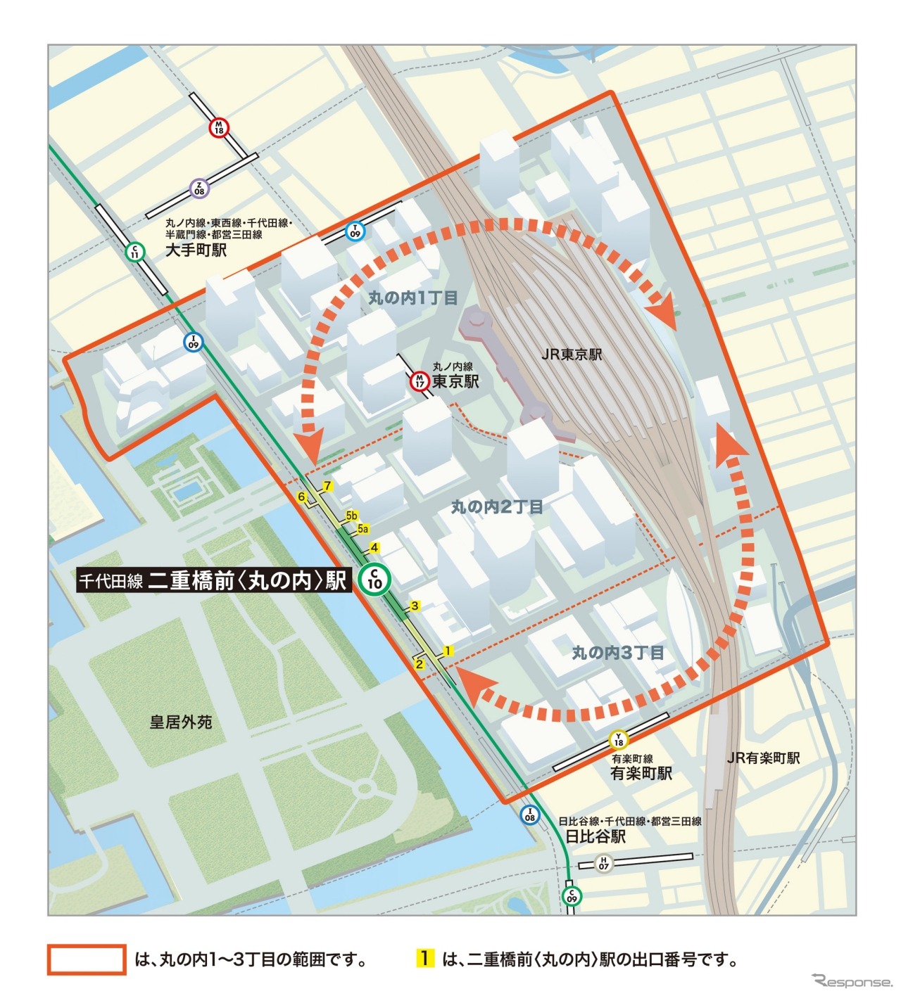 丸の内のエリア。東京メトロは副名称を導入することで二重橋前駅が丸の内にあることを広く知ってもらうとしている。