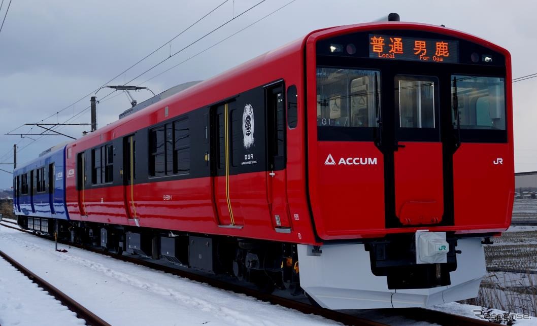 1往復増の3往復となる、蓄電池電車「ACCUM」を使う男鹿線列車。