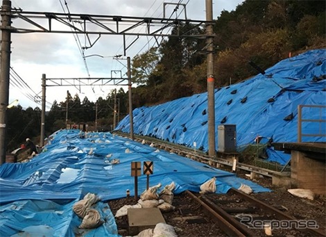 道床が流出した上古沢駅構内（12月9日）。南海電鉄は2018年4月中の再開を目指す。