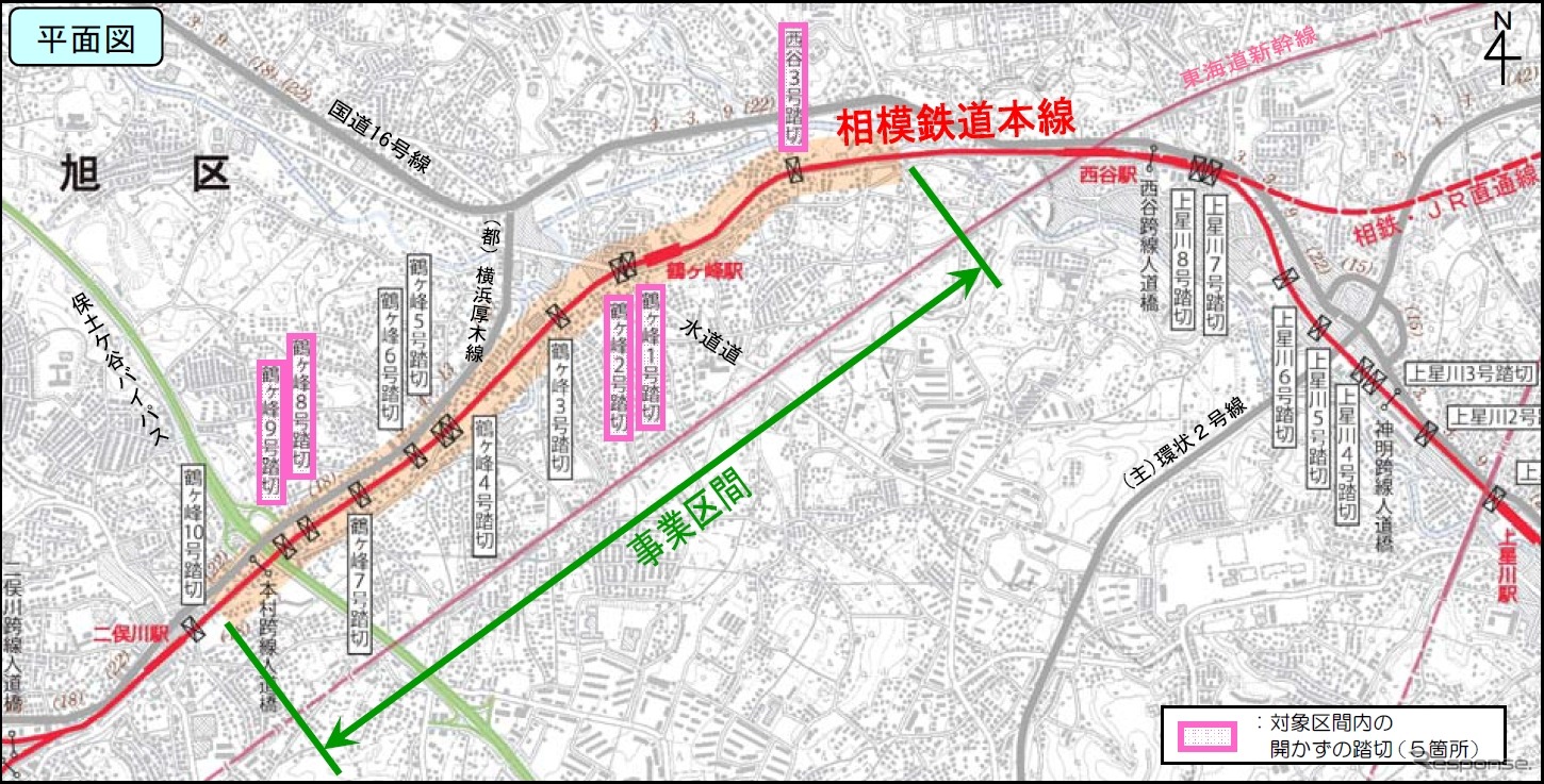 鶴ヶ峰駅付近の平面図。約2.7kmの区間で地下方式による連立事業が行われる。