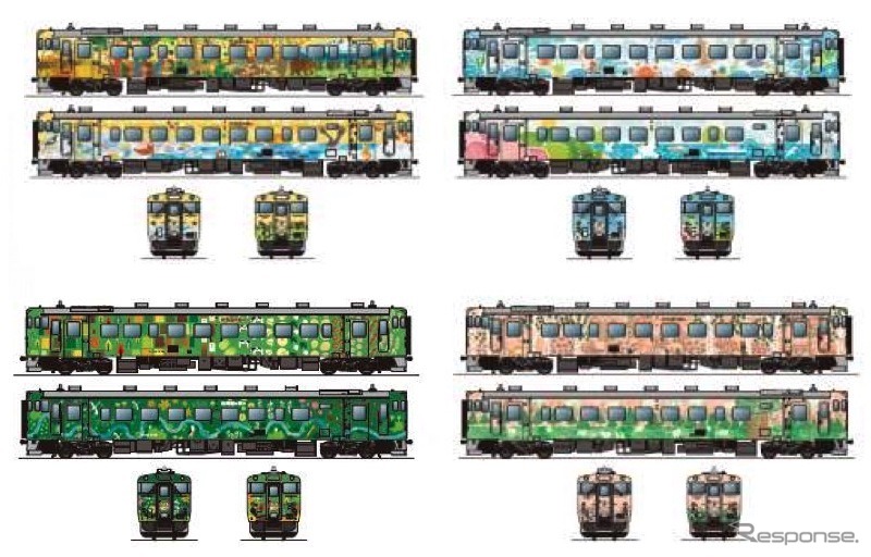 3月から順次登場する4種類の「北海道の恵み」。左上が3月下旬に登場する道北用の「流氷の恵み」（キハ40 1720を改装）、左下が4月頃に登場する道東用の「森の恵み」（キハ40 1779を改装）、右上が6月頃に登場する道南用の「海の恵み」（キハ40 1809を改装）、右下が7月に登場する道央用の「花の恵み」（キハ40 1780を改装）。