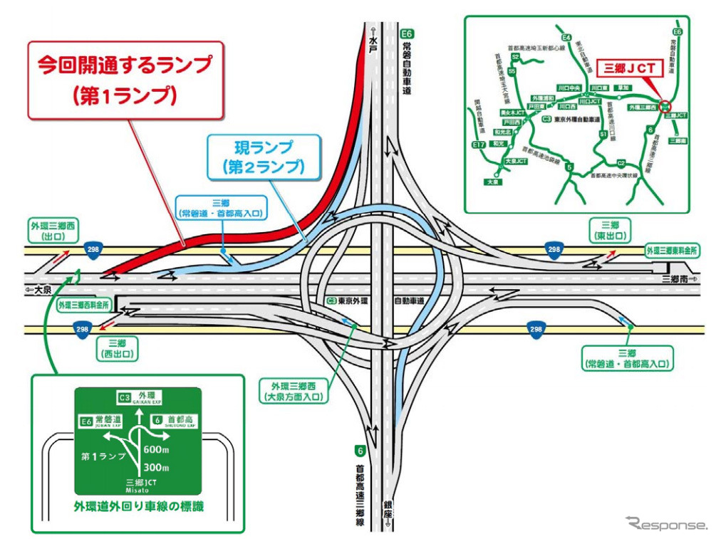 外環道（外回り）から常磐道へ接続する専用ランプ