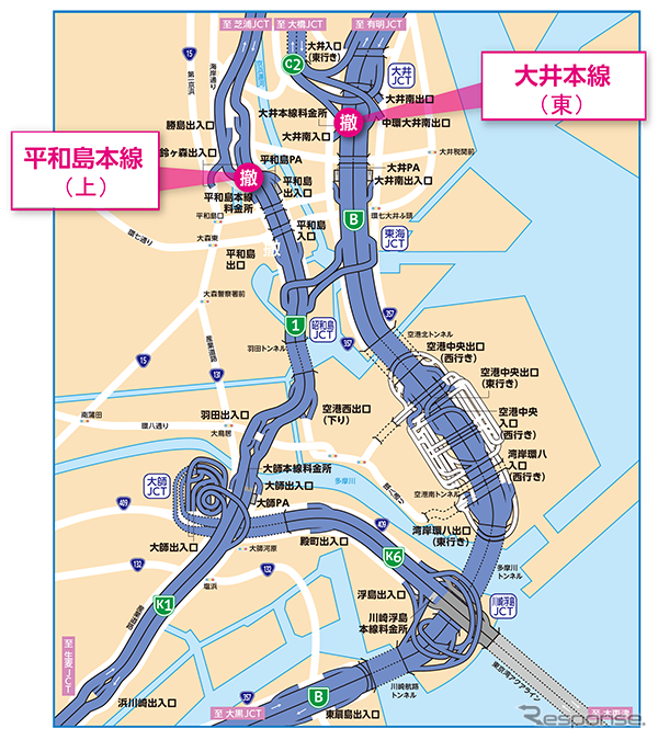 5月20日22時、羽田線上り平和島、大井の2本線料金所の運用を停止、2020年8月までに撤去する