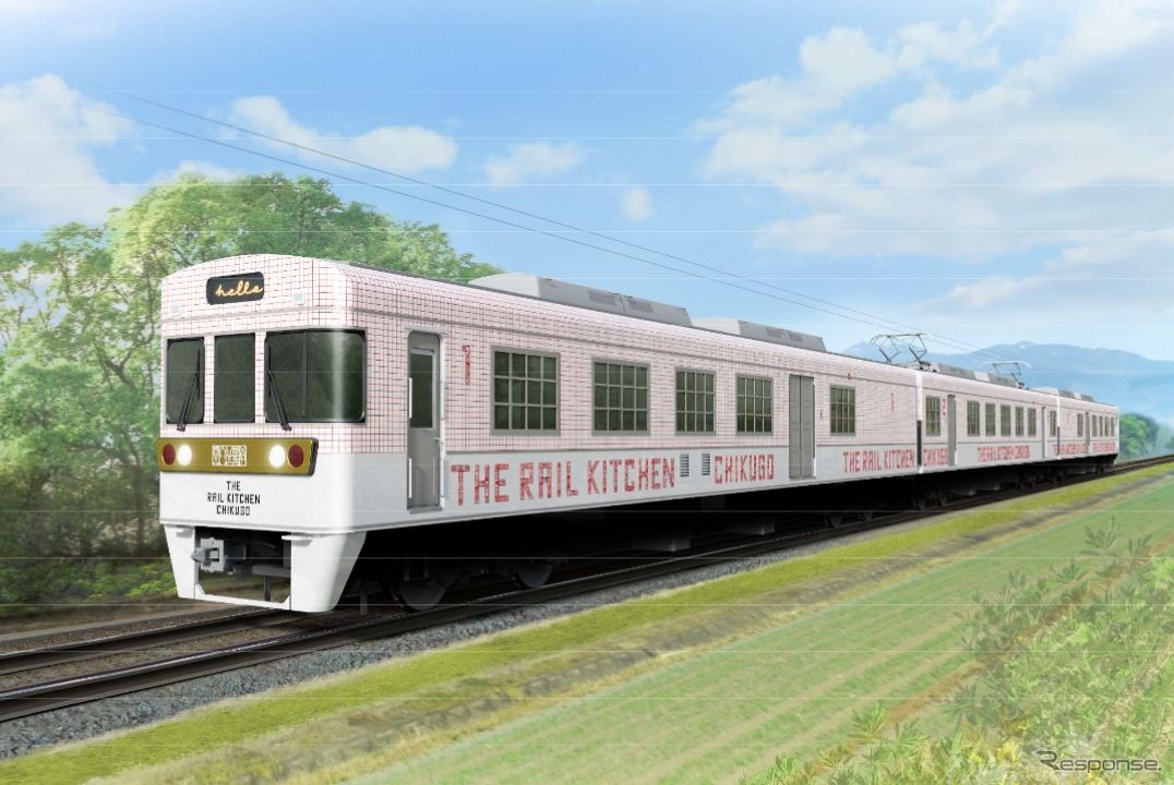 『THE RAIL KITCHEN CHIKUGO』のイメージ。西鉄福岡（天神）～大牟田間を1往復し、ランチ便とディナー便が片道ずつ運行される。