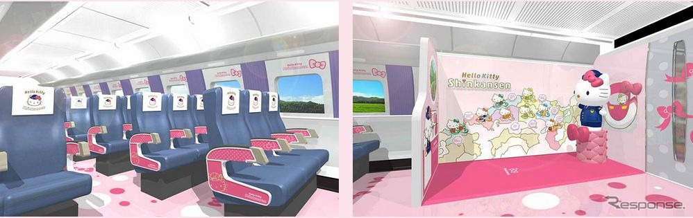 2号車「KAWAII!ROOM」の車内イメージ。座席の肘掛けもピンクとなり「かわいいお部屋」を演出する。座席部分は自由席となる。