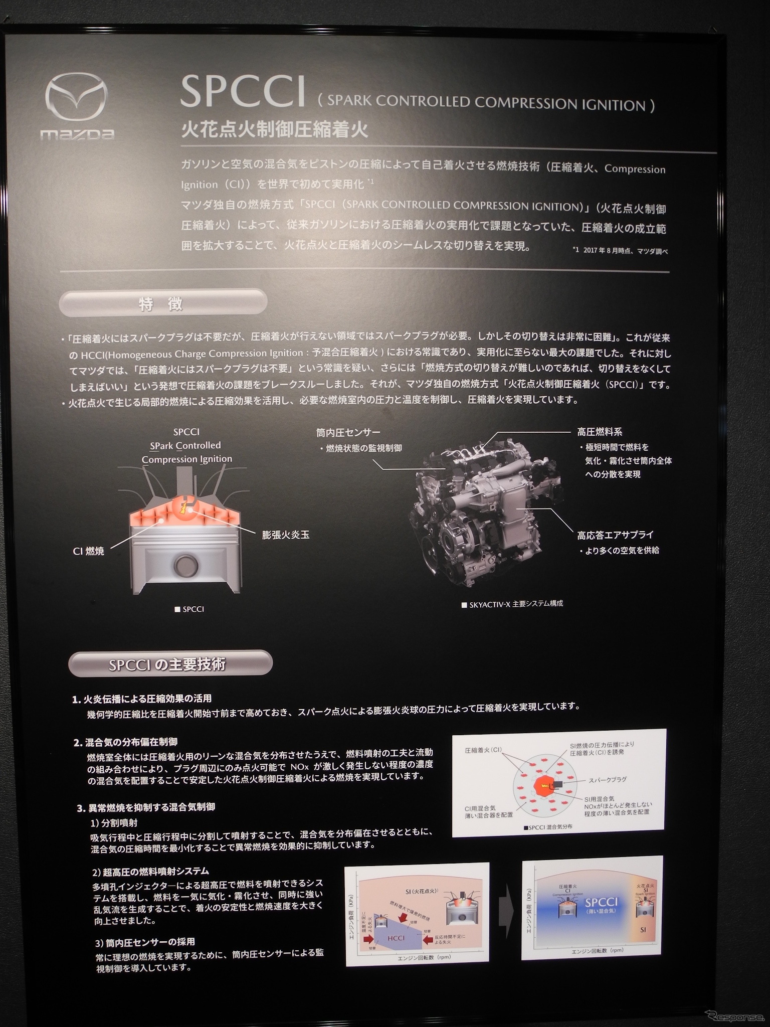 壁に貼られたSPCCI（花火点火制御圧縮着火）の解説パネル