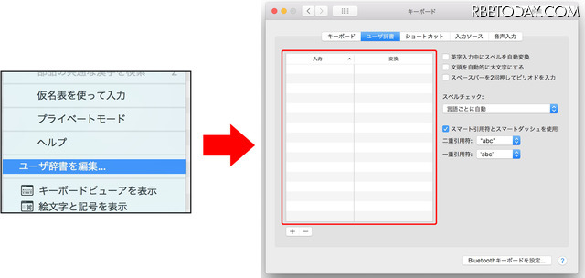 入力メニューからか、システム環境設定ウィンドウの「キーボード」ウィンドウで「ユーザー辞書」を選んだ画面。左下の［＋］を押して任意の単語を追加登録できる