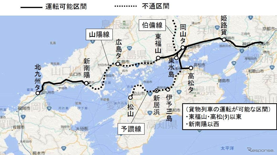 JR貨物が7月13日16時に発表した7月14日以降の貨物列車運行状況。東福山～新南陽間には、三原～海田市間など運行再開の目途が立たない区間が含まれていることから、貨物列車を山陰本線に迂回させる検討が始められているという。