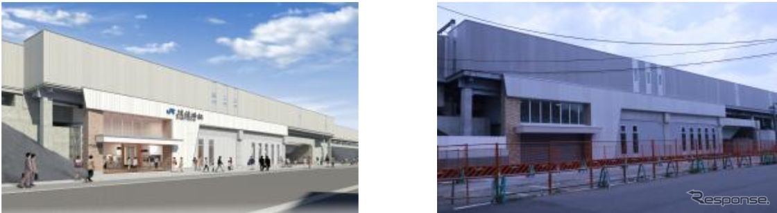 JR淡路駅のイメージ（左）と建設中の駅（右）。平安時代に菅原道真がこの地を淡路島と勘違いして上陸したという言い伝えがあることから、駅舎は当時の川の流れや地形などを表現。