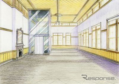 1階に復原される「旧三等待合室」のイメージ。腰壁と天井は淡い黄色に、壁は白い漆喰壁とし、オープン後はスターバックスコーヒーが入居。エレベーターも設置される。