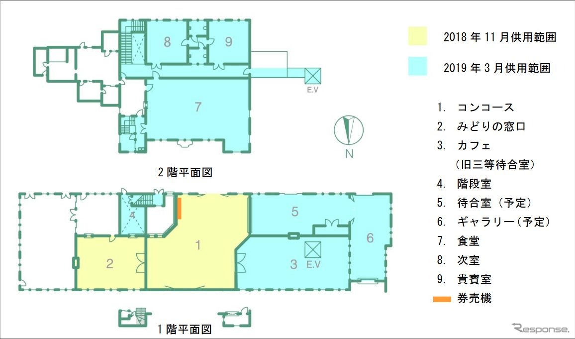 復原後の供用範囲。コンコースとみどりの窓口は11月に先行して供用開始される。